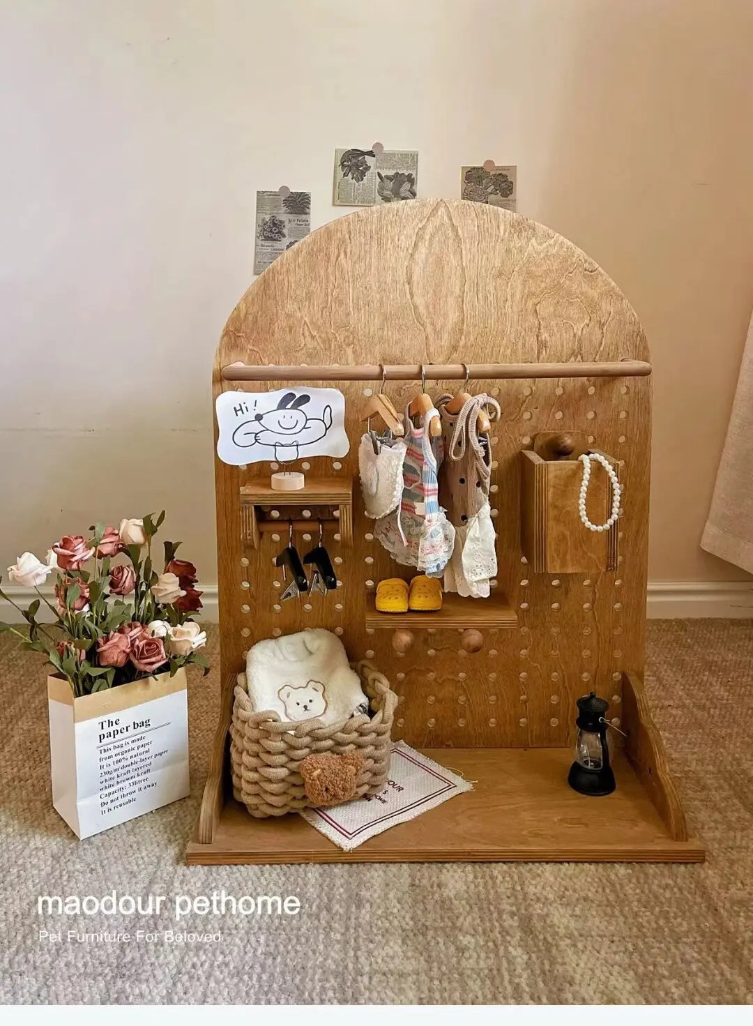 Small-space pet storage station in a vintage wood finish